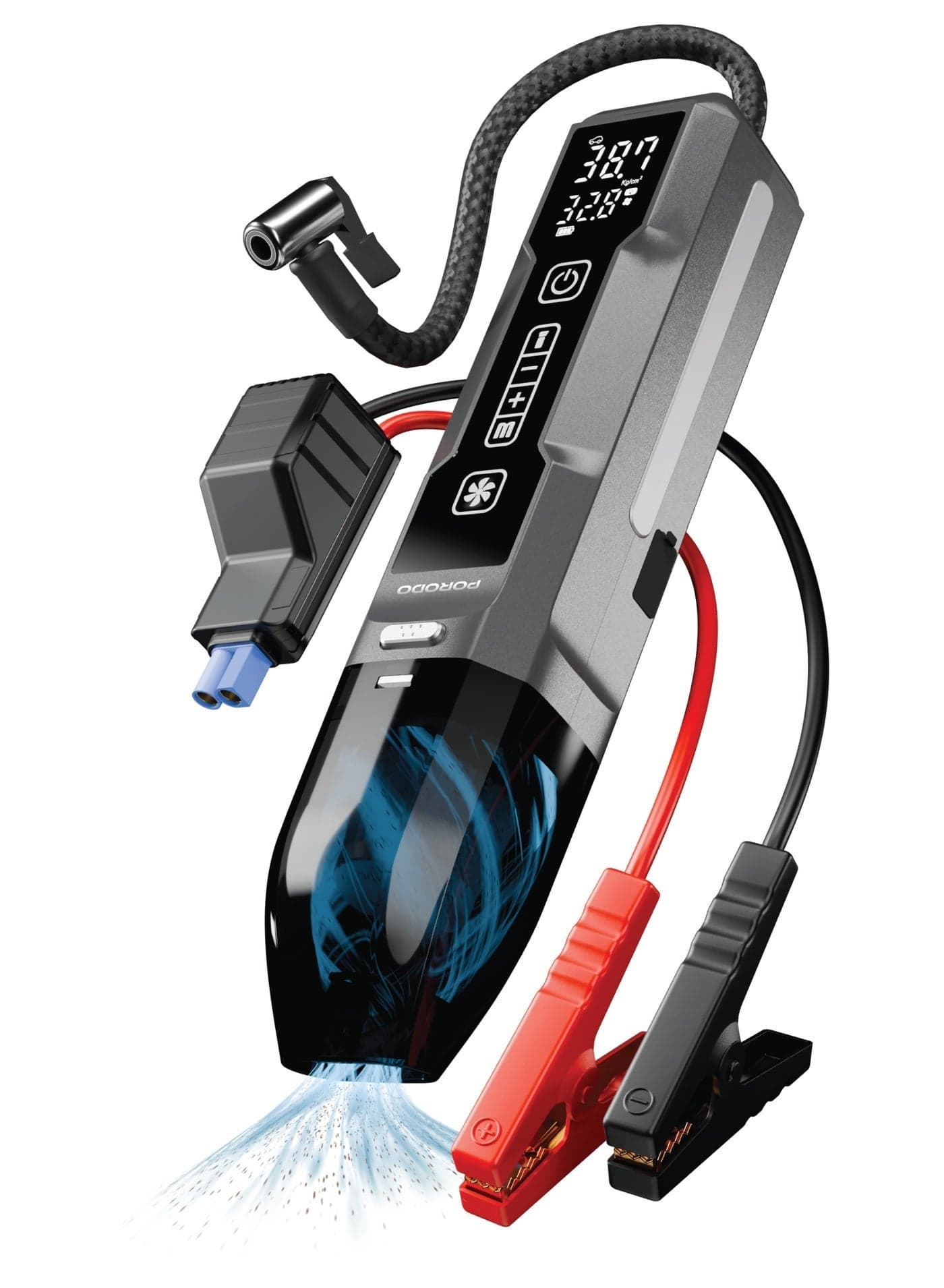 4-1 Jump Starter + Vacuum with Tyre Inflator / 100W Rated Power / USB-C Charging Port / Preset Pressure Modes / Turbo Suction Power / Washable HEPA Filter - Black