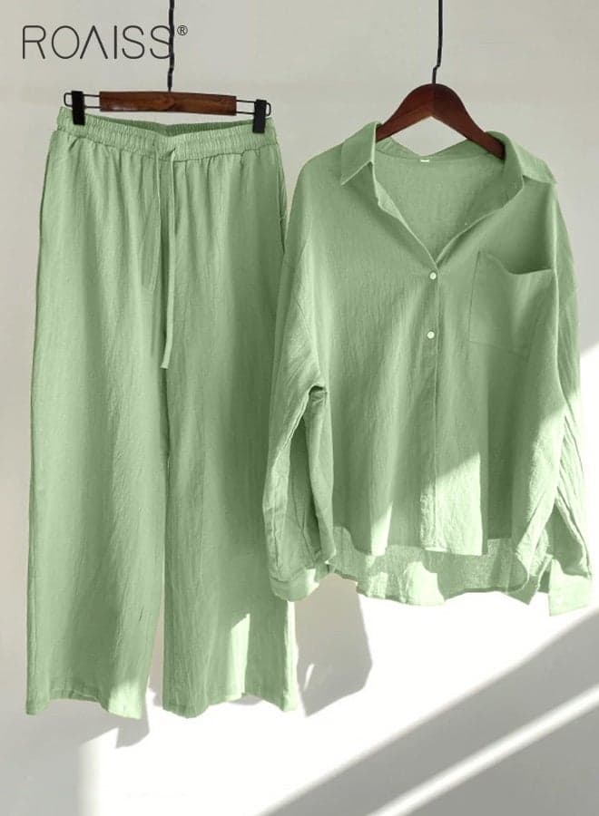 Ladies 2 Piece Set New Trend Fashion Classic Solid Color Cotton Linen Shirt Suit Summer Spring Plus Size Clothes for Women Breathable and Cool Long-Sleeve Lapel Shirt Loose Pants
