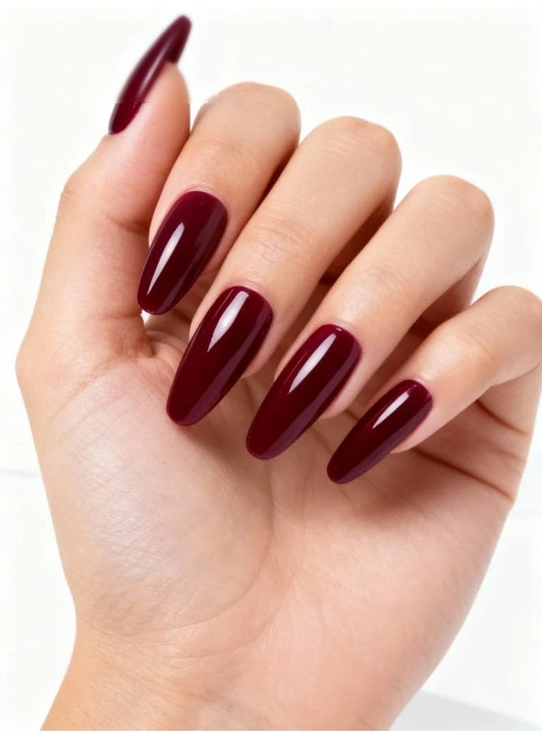 Press On Nails Almond Shape Deep Burgundy Wine Red Glossy Artificial Nails Full Cover Reusable Stick On Nails Acrylic Soft Gel Nail Kit Luxury Elegant Salon Style Nails for Women Daily Wear Office Wedding Party Long Lasting Durable High Shine Nails