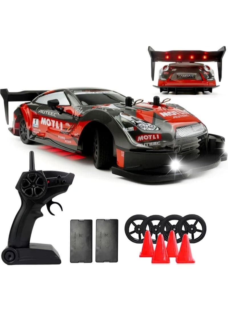 1:16 RC Drift Car 4WD High Speed 28km/h Remote Control Car with LED Lights, 2.4GHz Racing Sport RC Cars with Drifting and Racing Tires, 2 Rechargeable Batteries – Drift Toy Car for Kids and Adults - Red