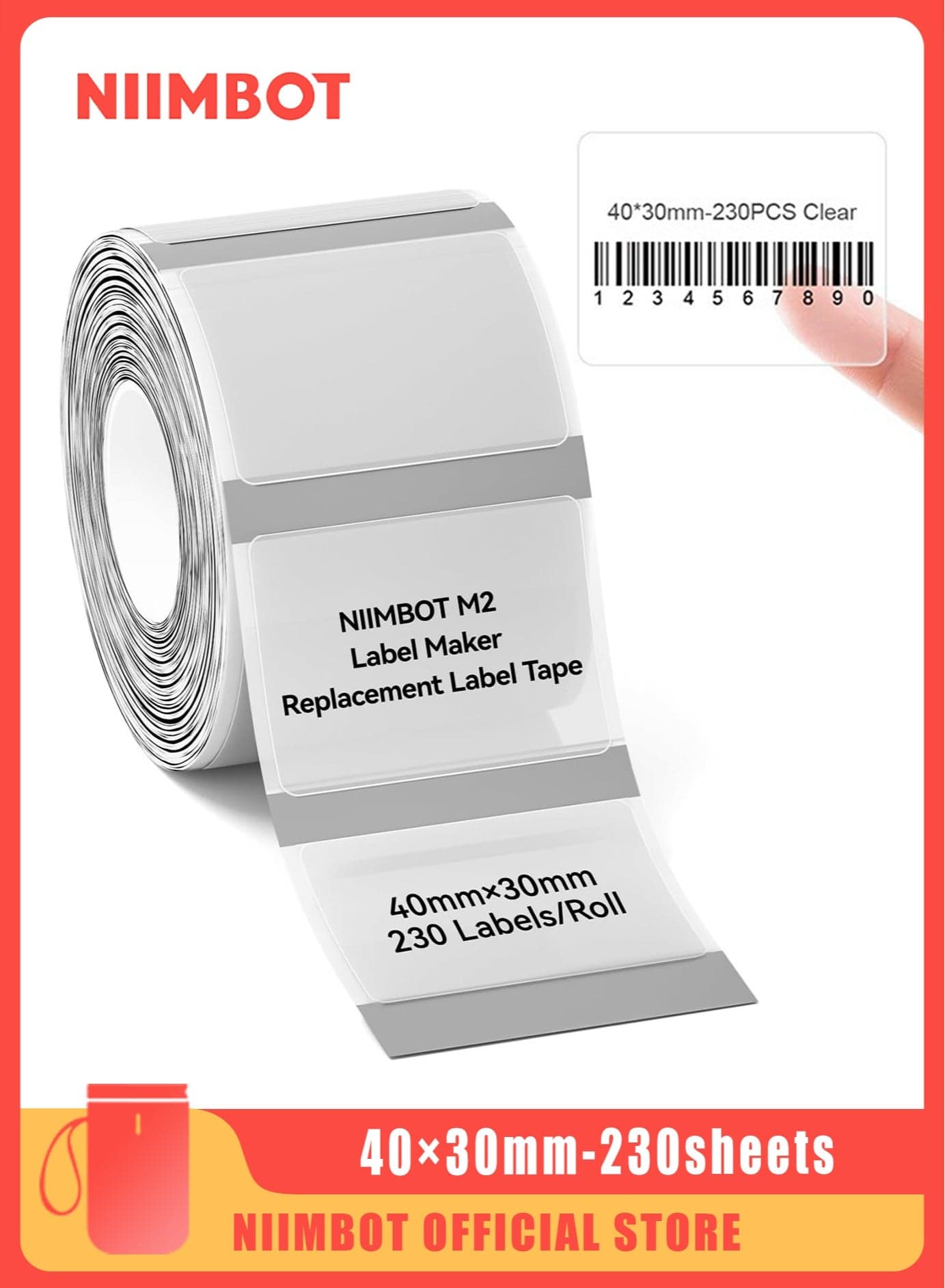B21/B1/B3S Label Maker Tape Waterproof Transparent Thermal Label Paper Printer Sticker Paper for Barcode Printing 40*30mm, Clear