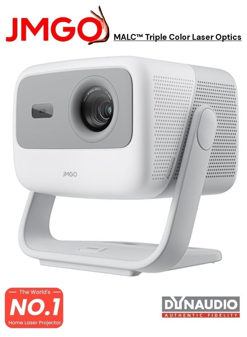 JMGO N1 Triple Laser Projector, 800 CVIA (1800 ANSI Lumens), FHD, 4K HDR10 Support, Android TV 11, Blu Ray 3D, Dolby Audio, Dynaudio Speakers, 240Hz Gaming, Wi Fi 6, Bluetooth 5.0, Smart Eye Protection