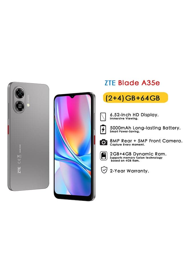 Blade A35e Dual SIM Silver Gray 2GB+4GB RAM 64GB 4G - Middle East Version