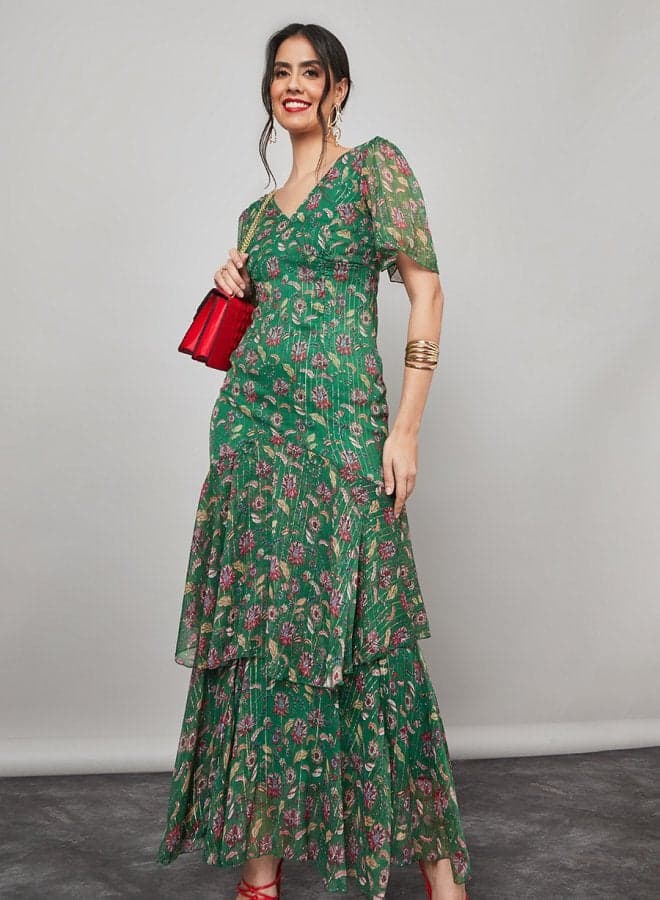 Frill Sleeve Floral Print Layered Maxi Dress