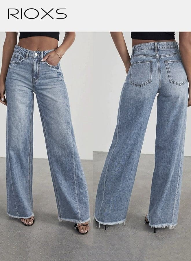 Women's Wide Leg Denim Jeans, High Waisted 90s Vintage Denim Pants with Strechy Raw Hem and Pockets, Casual Straight Pants for Spring Autumn, for Streetwear Work Date Holiday Daily Wearing