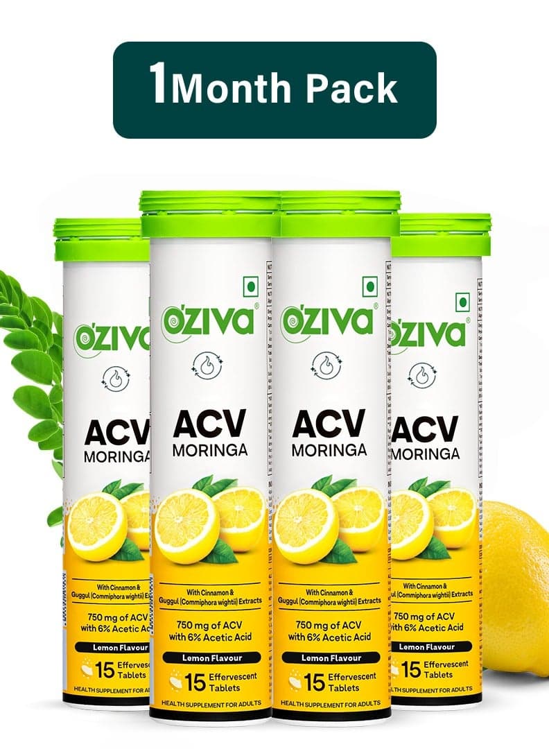 ACV Moringa | Control Cravings | Apple Cider Vinegar, Cinnamon, Guggul | No Maltodextrin & No Added Sugar - Lemon, Pack of 4 (60 Tablets)