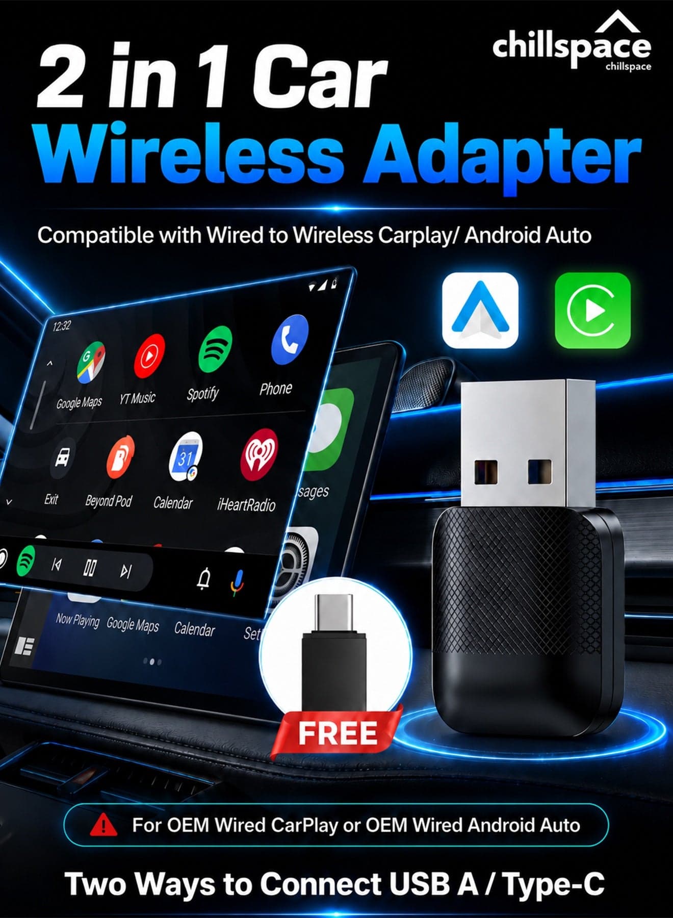 2-in-1 Wireless CarPlay & Android Auto Adapter, Converts Wired to Wireless with Plug & Play, Fast Auto-Connect & No Delay, Compact Design for iPhone and Android, Universal Fit for 98% Cars with USB/USB-C Port, Black
