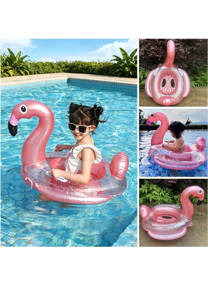 Sequin Flamingo Inflatable Swim Ring for Kids, Anti-Tip Baby Swim Seat Ring with Handles, Thickened PVC Toddler Pool Water Play Ring