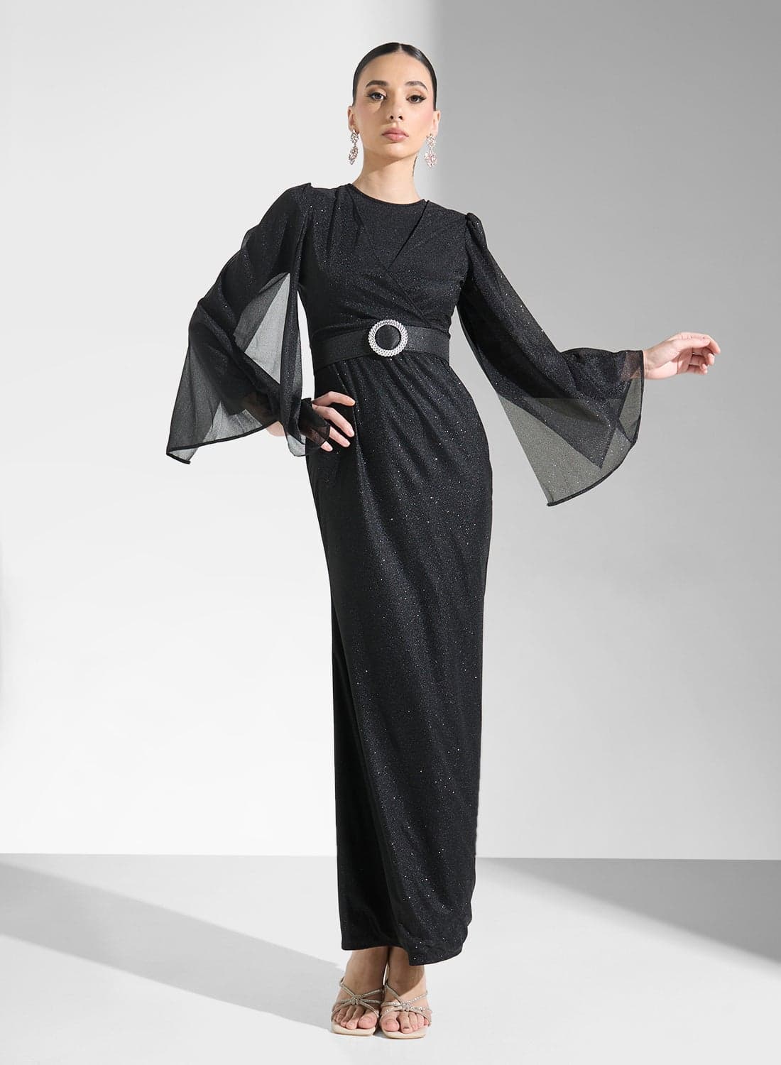 Belted Sheer Sleeve Dress