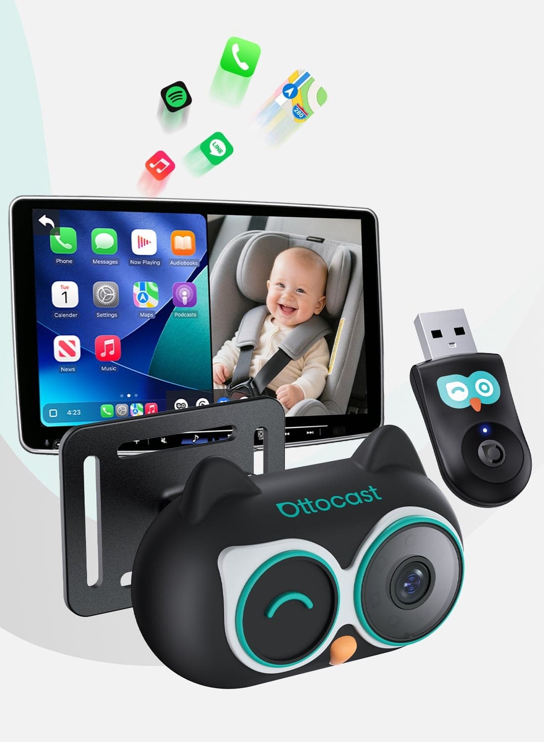 OTTOCAST Cabin Care Baby Car Camera Wireless Car Adapter with 1080P HD Rear Seat Baby Monitor, Split Screen Navigation, Plug-and-Play, for Parents & Pet Owners