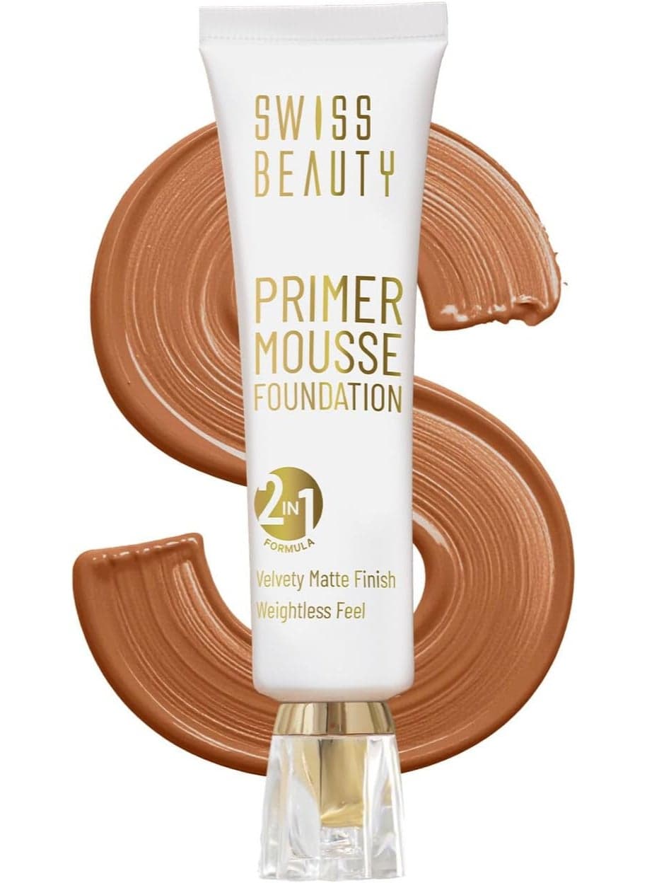 Swiss Beauty Primer Mousse Foundation Weightless Smooth & Velvet Touch, Face Makeup, Caramel Roast, 30ml