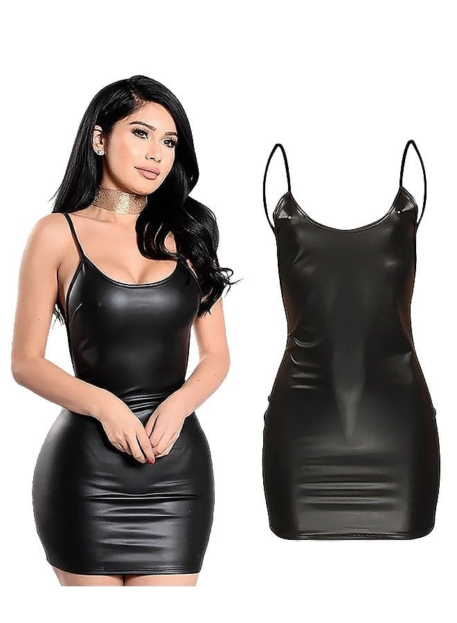 Tight Party Suspender Mini Dress for Women's Sleeveless Cropped Leather Skirt Black
