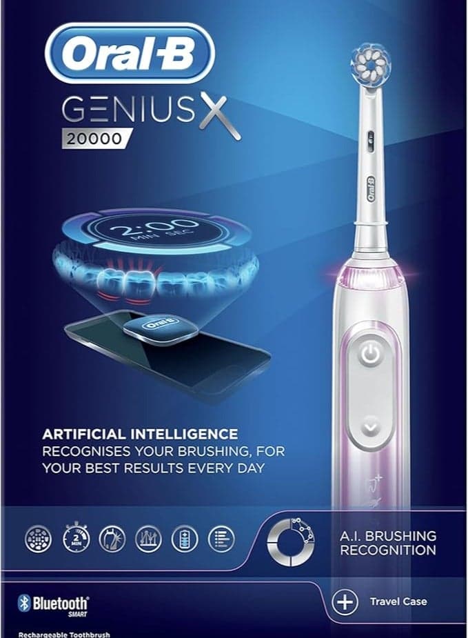 Oral-B Genius X Electric Toothbrush with Artificial Intelligence, App Connected Handle, Travel Case, 6 Mode Display with Teeth Whitening, Pink