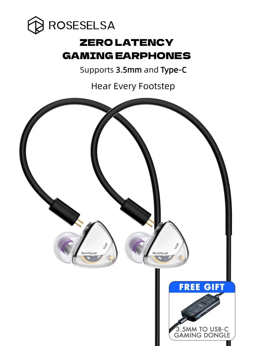 ROSESELSA QuietSea 2 IEM Wired Gaming Earphones, Type-C DSP Sound Card, Zero Latency In Ear Monitor with HD Mic, Hi-Fi Sound, 3.5mm & USB-C Compatible for PUBG Mobile, iPhone 15, Samsung, iPad