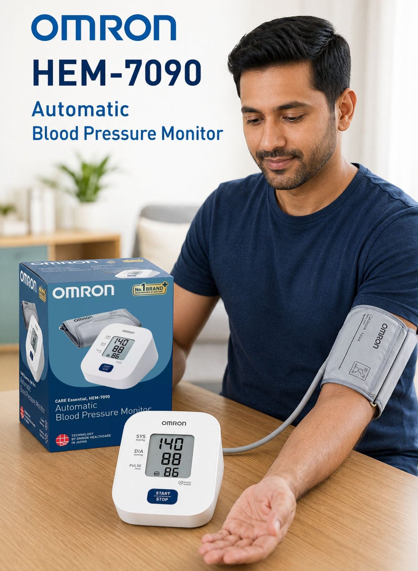 OMRON HEM-7090 Automatic Digital Upper Arm Blood Pressure Monitor with IntelliSense Technology, One Button Operation, Irregular Heartbeat Detection, Body Movement Detection, Cuff Wrapping Guide, Large LCD Display, Last Reading Memory, Standard Adult Cuff 22–32 cm, Oscillometric Measurement, Home Blood Pressure and Pulse Monitor, Clinically Validated, 4 AA Battery Powered