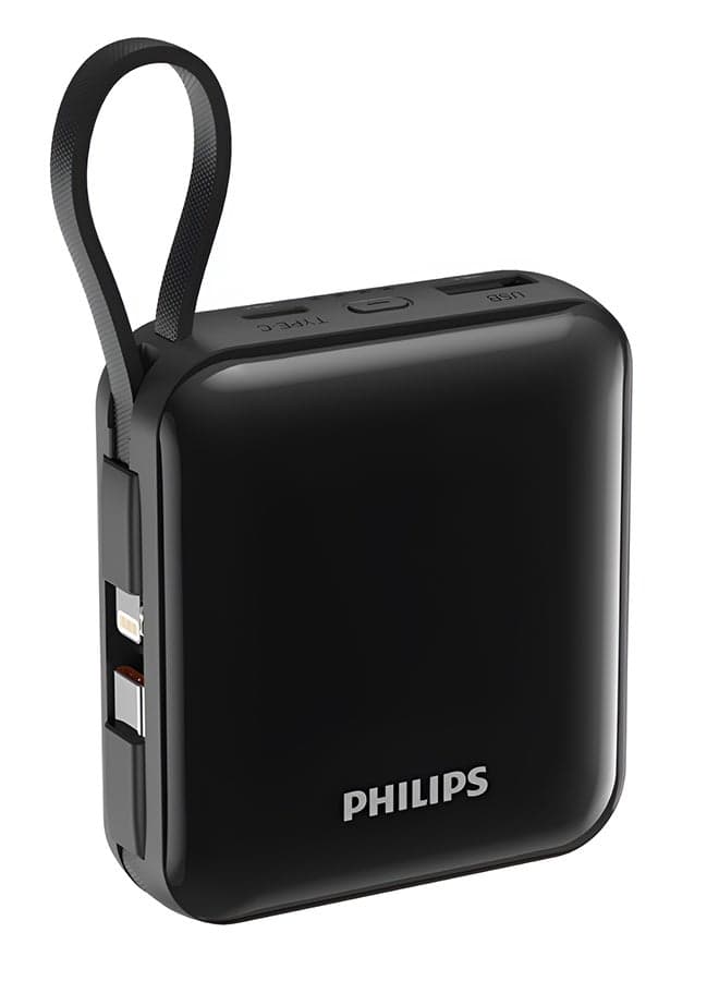 Philips 10000mAh Power Bank, 22.5W PD Fast Charging, Built-in USB-C & Lightning Cables, Compact Travel Charger, LED Display, 6-Layer Protection, Portable Charger for iPhone and Android, DLP5713CB, Black Black