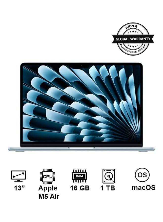 New 2026 MacBook Air MDHJ4 | 13 Inch Display | Apple M5 Air | 10-Core CPU 10-Core GPU | 16GB RAM | 1TB SSD | macOS | English Keyboard | Sky Blue