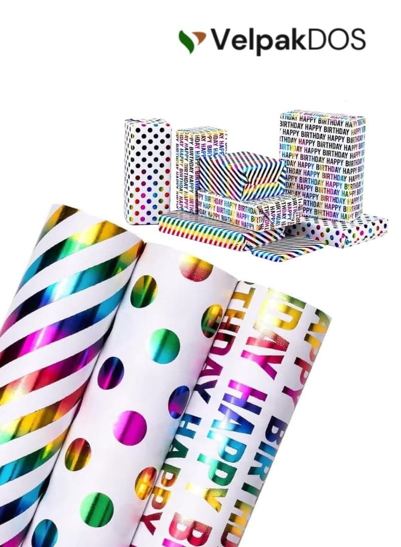 Gift Wrapping Paper Premium Holographic Rainbow Glossy Gift Wrapping Paper Set, Multicolor Foil Stripes Polka Dots Happy Birthday Print, Metallic Shiny Gift Wrap Sheets for Kids Birthday Party, Festive Celebration Present Packaging & Decorative Gift Cover Rolls