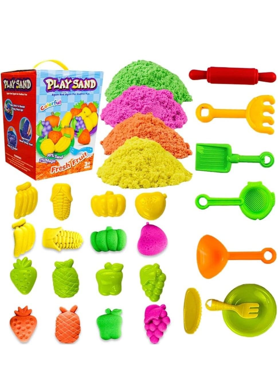 UKR Moldable Sensory Play Sand Set – 908g Magic Sand in 4 Colors with Molds & Tools for Indoor & Outdoor Fun – Perfect Gift for Boys & Girls Age 3+ (Fresh Fruit)