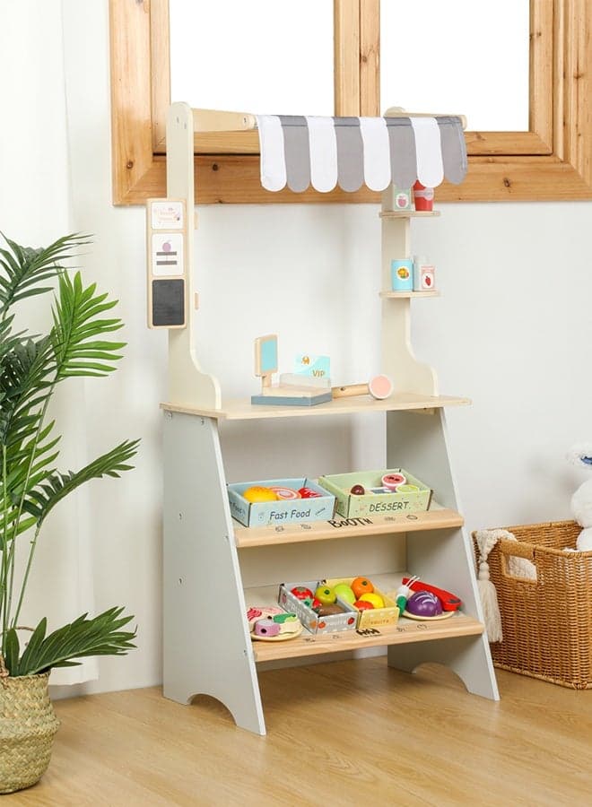 Children's Wooden Supermarket Stall Toy Set (Cashier + Food Models + Shopping Scene) - Role Play Pretend Play Toy-WTY14403
