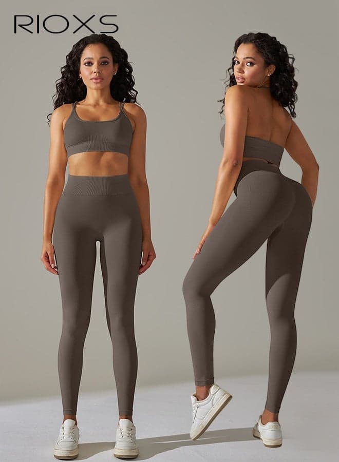 Women's Yoga Suits, Solid Color Two-piece Fitness Set, Seamless Sports Bras and Workout Leggings, Cross-strap Bra and High Waisted Gym Pants, Stretch Comfy Athletic Tights, Ladies Activewear for Running, Pilates, Cycling, Brown Tracksuit Sets