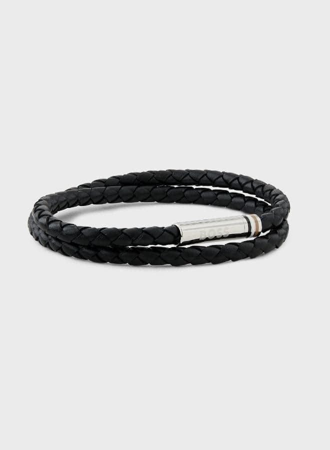 Ares Collection Bracelet For Men With Double-Wrap Braided Black Leather - 1580489M