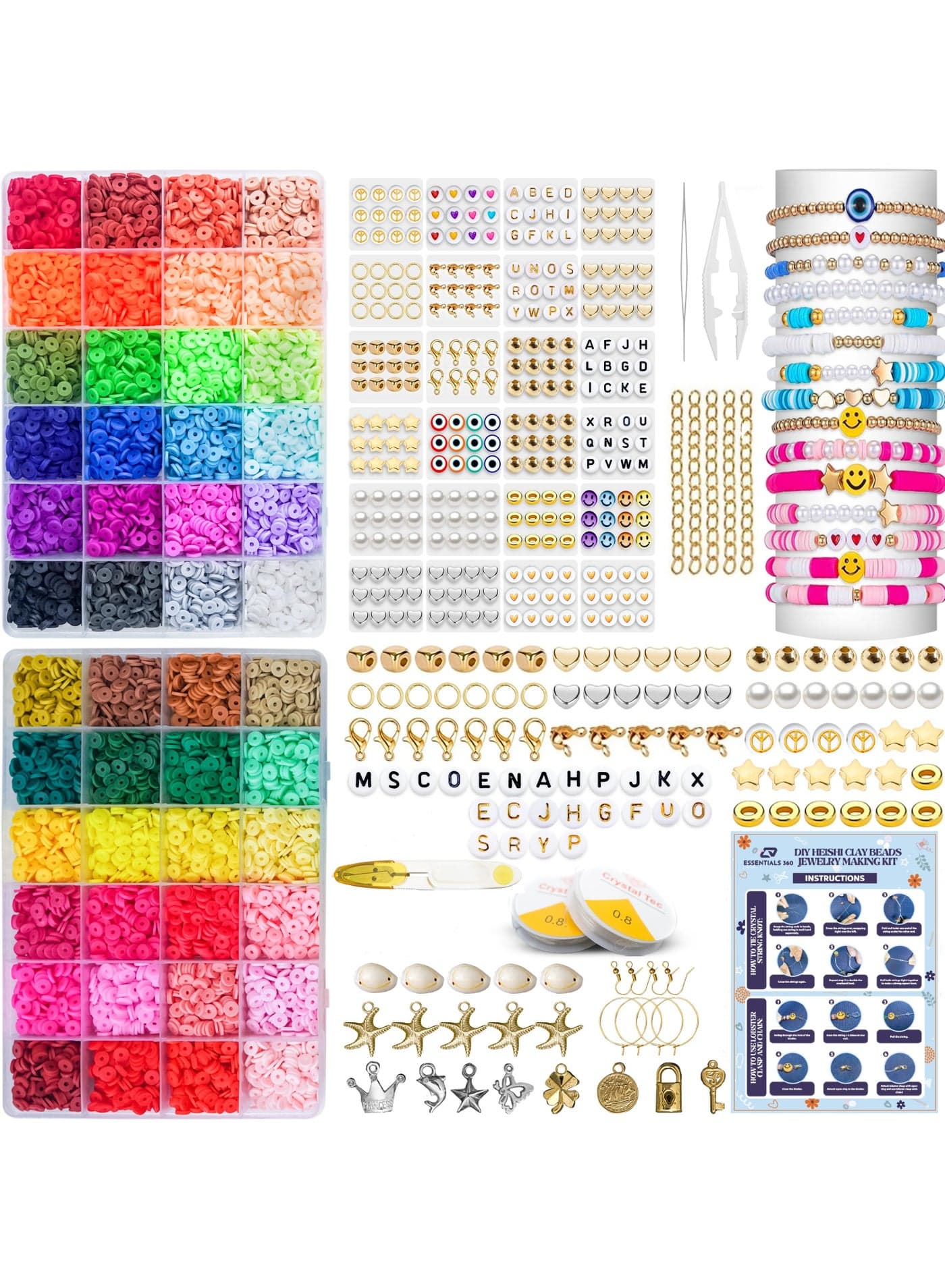 11,000 Pcs 48 Colors Clay Beads Bracelet Making Kit, DIY flat jewelry kit with Charms & Elastic Strings for Necklace, Earing & Jewelry, Polymer Heishi Beads Gift for Girls Adults Age 6+