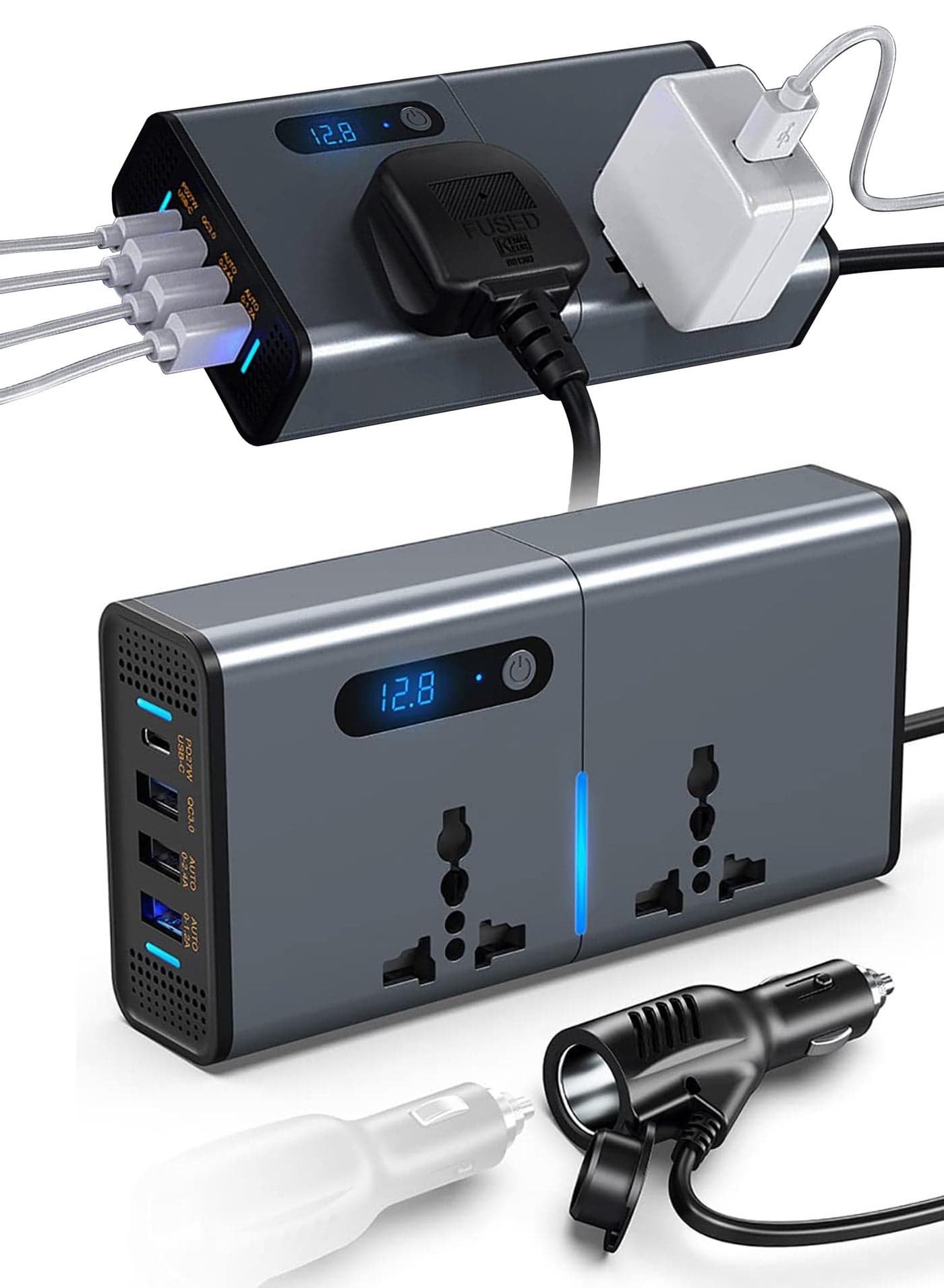 200W Car Power Inverter DC 12V To 220V AC Car Inverter With 3 USB (2.4A + 1.2A + QC3.0 + Type-C) & 2 AC Outlets For Laptop Car Plug Adapter Car Power Inverter Car Charger Fast Charger LED Display Cigarette Lighter Connector, Perfect For Cars, SUVs & Trucks(Silver gray)