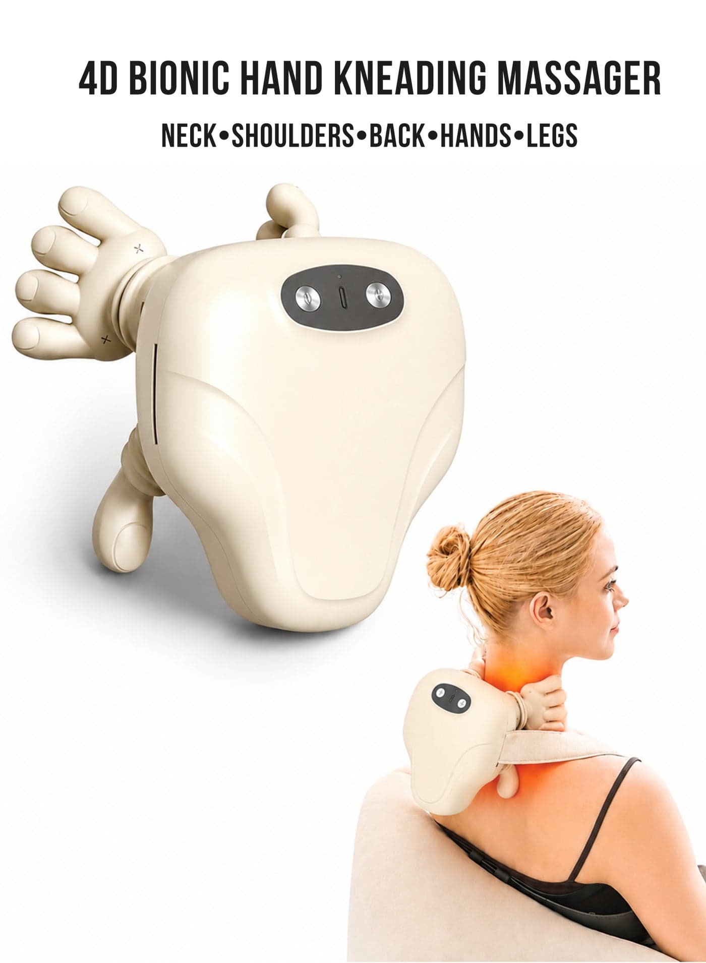Massager Neck and Shoulder Massager Deep Kneading With Dual Heat Cordless Rechargeable Soft Silicone Heads For Back Arms Legs and Calves Relaxation - Cream
