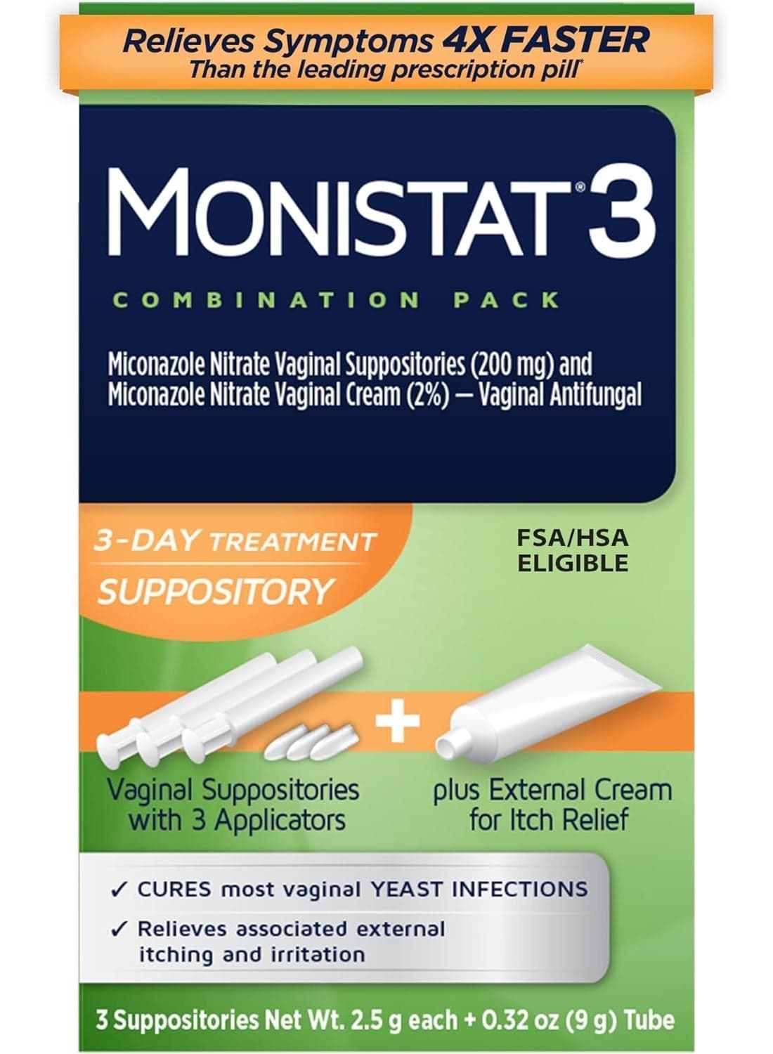 Monistat 3-Day Treatment Combination, 3 Suppositories x. 2.5 g + Itch Relief Cream Tube 9 g Packaging may vary