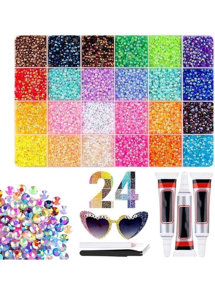 Resin Jelly Rhinestones Kit for Bedazzling - 32,000pcs 3mm DIY Bulk Resin Gems Set with 3 Glues, Pickup Pen Tweezers for Crafting, Nail Art, Tumblers, Shoes and Clothing Embellishments (24)