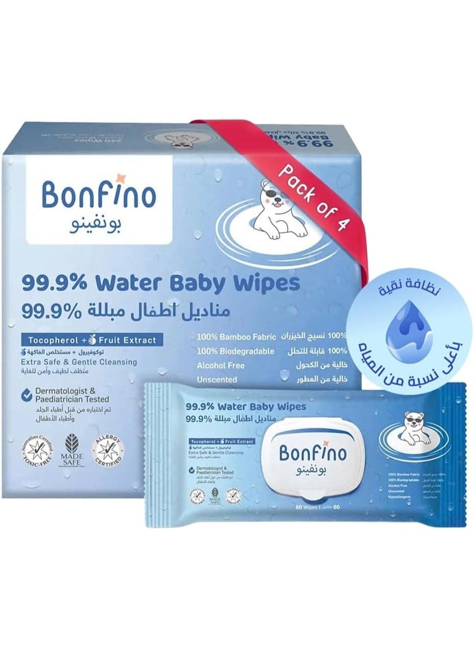 Bonfino Hypoallergenic 99.9% Water Baby Wipes, Alcohol & Fragrance-Free, Biodegradable Bamboo, Pack of 4-240 Pieces