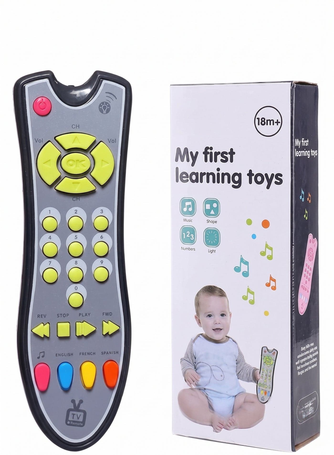 Baby TV Remote Control Learning Toy, for 18 Months+ Baby,My First Learning Toy with 3 Languages Encourage Babies and Toddlers to Learn Numbers, Educational Kids Toy(Gray Body Colored Buttons)