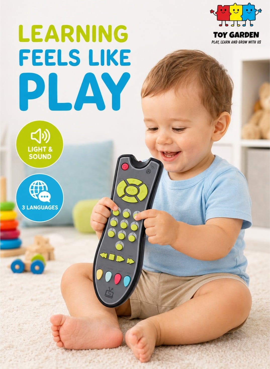 Baby TV Remote Control Learning Toy, for 18 Months+ Baby,My First Learning Toy with 3 Languages Encourage Babies and Toddlers to Learn Numbers, Educational Kids Toy(Gray Body Colored Buttons)
