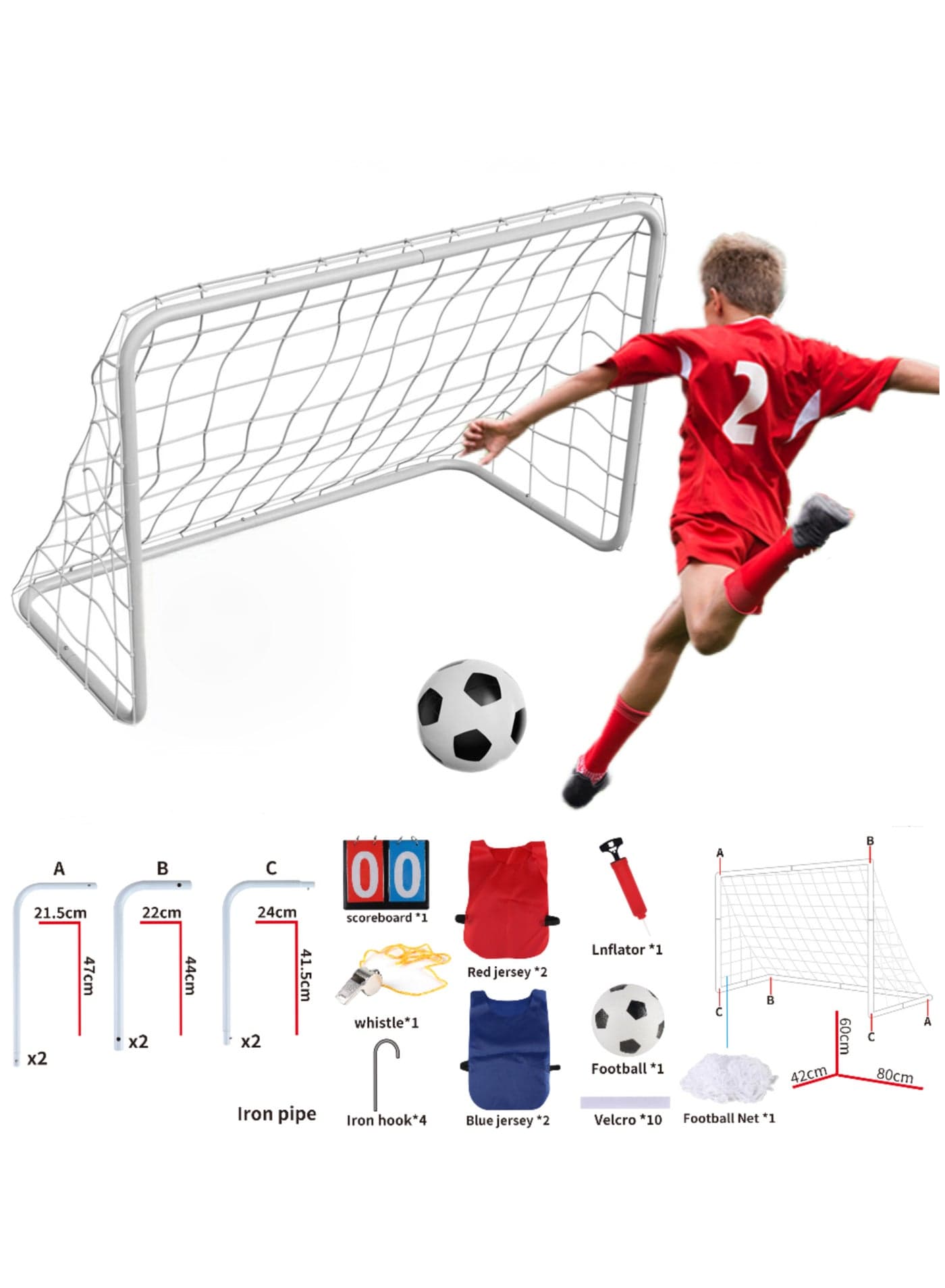 Sports Mini Soccer Goal Set,Indoor Mini Net + FootBall Set with Pump +4 football jerseys + whistle + scoreboard - Portable Folding Football Goal Set for Kids,Kids Soccer Goals for The Garden/Indoor/Outdoors Soccer Toy 80*60CM
