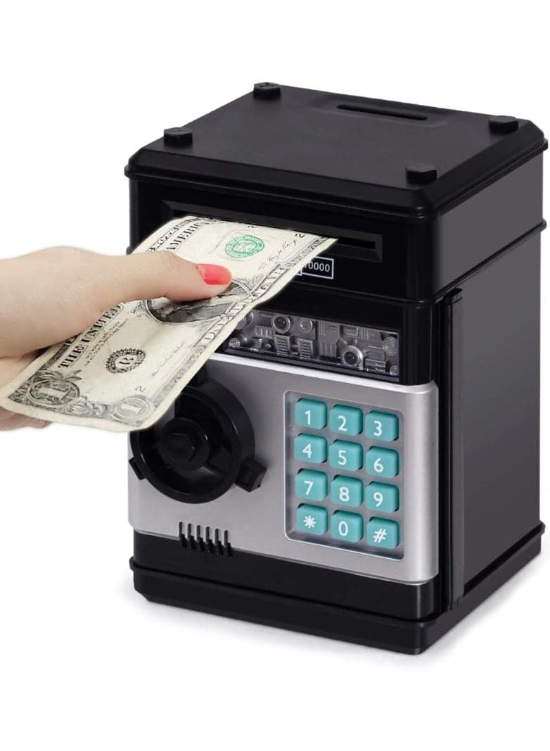 Electronic Piggy Bank Code Lock for Kids Baby Toy, Mini ATM Safe Coin Cash Banks Real Money Saving Box with Password, Auto Money Scroll for Children,Boys Girls Birthday (Black)