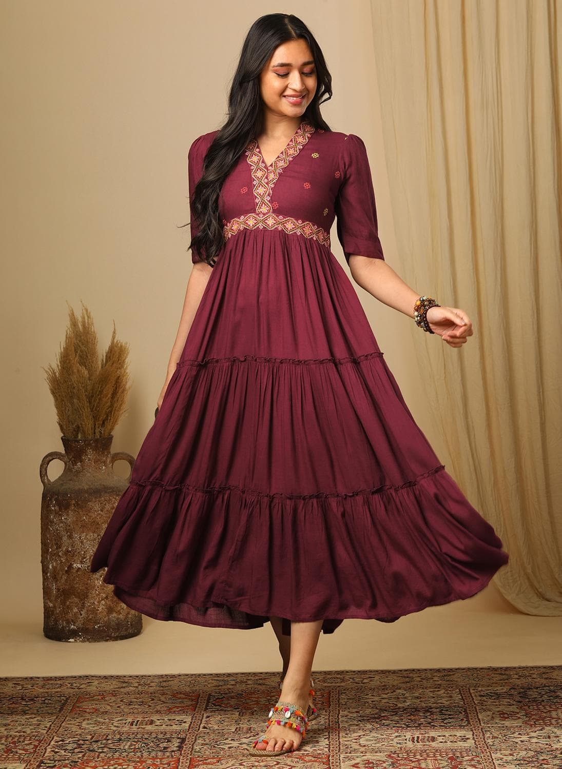 Globus Women's Maroon Bohemian Ethnic Dress with V Neck and Thread Work