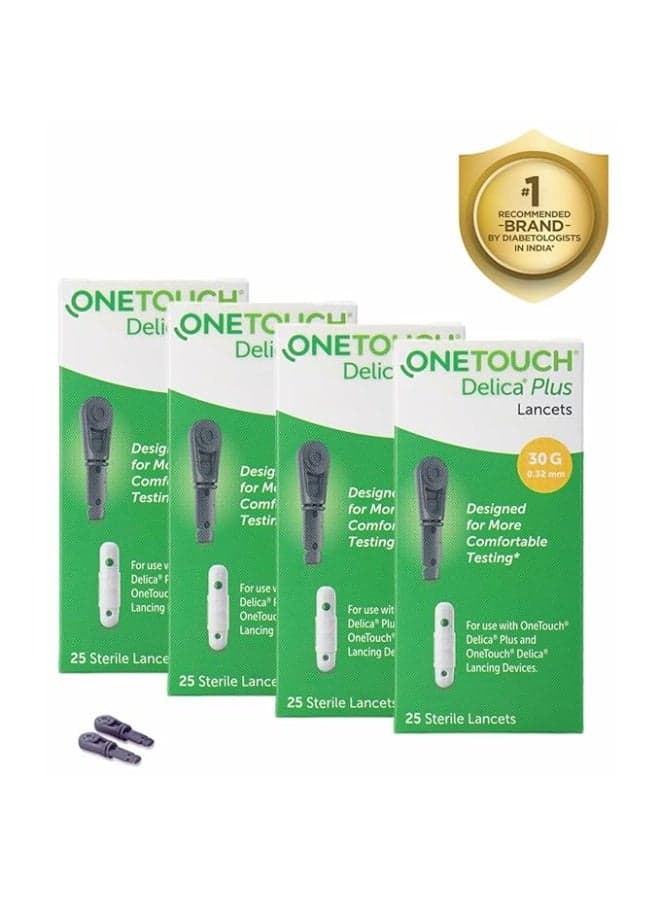 OneTouch Delica Plus 100 Lancets | 4 Pack of 25 Lancets | For Virtually Pain Free Blood Glucose Testing| Global Iconic Brand | For use with OneTouch Delica Plus Lancing Device