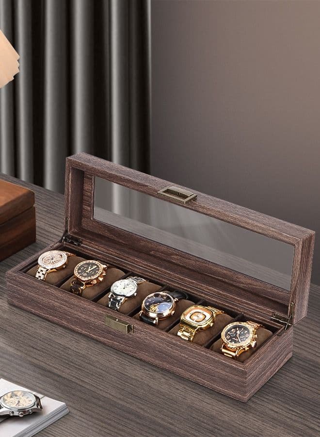 Watch Box Organizer Watch Case with Glass Top Watch Display Case, Wood-Grain PU Leather Watch Box Case Organizer Display for Men Women (6-slot)
