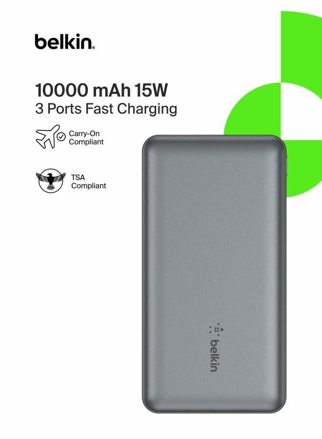 10000 mAh 10000mAh portable power bank, 10K USB-C portable charger with 1 USB-C port and 2 USB-A ports, battery pack for up to 15W charging for iPhone, Samsung Galaxy, AirPods, iPad - Space Gray Grey