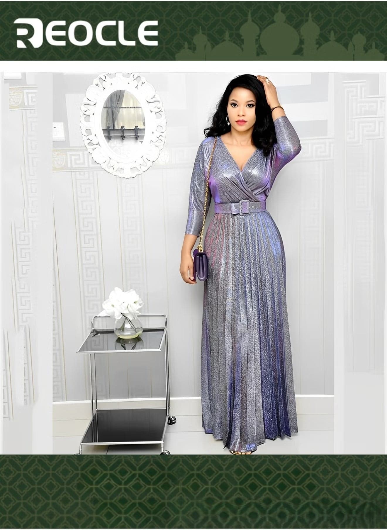 Women's Maxi Dress with Glitter Fabric Wrap V Neck Long Sleeve Elegant Pleated Dresses with belt Long Sleeve Gold Foil Flared Skirt