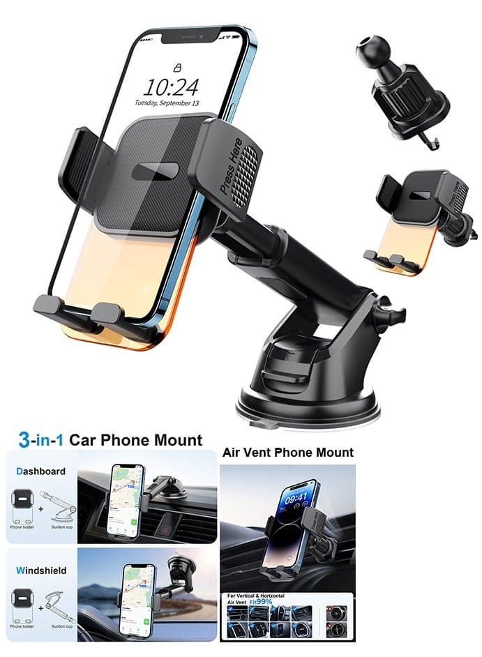 Car Phone Holder Car Mount, Upgraded 3-in-1 Dashboard/Air Vent/Windscreen, Metal Hook Mobile Holder with One-Button Release, 360° Rotation, Compatible with 4.7-7.2 Inch Phones