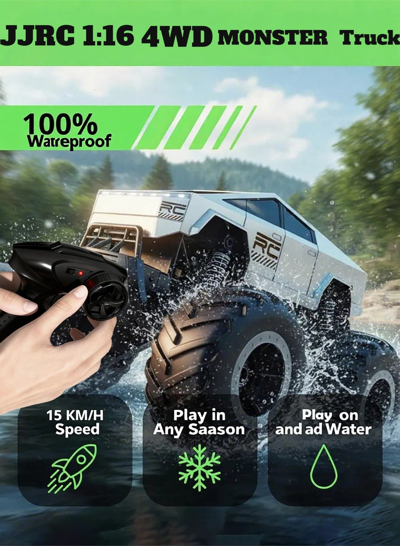 JJRC RC Truck Car Kids Toys for Ages 8+, Remote Control Car Waterproof Monster Truck, Amphibious 4WD All Terrain Off-Road Pickup, 1:16 Scale, 2.4GHZ Vehicles, Perfect for Kids Birthday Gift