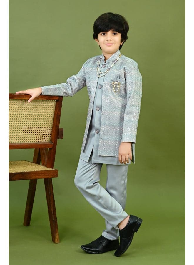 Grey Satin Sherwani Set for Boys