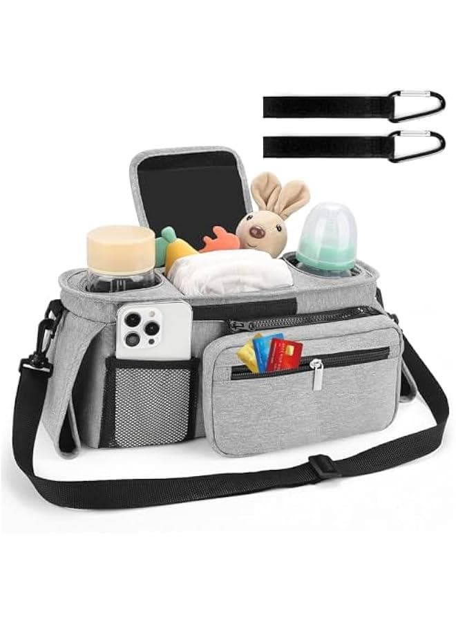 Universal Stroller Organizer with Insulated Cup Holder Detachable Phone Bag and Shoulder Strap,Stroller Bag Caddy Organizer Accessories Fits for Uppababy, Baby Jogger, Strollers (Grey)