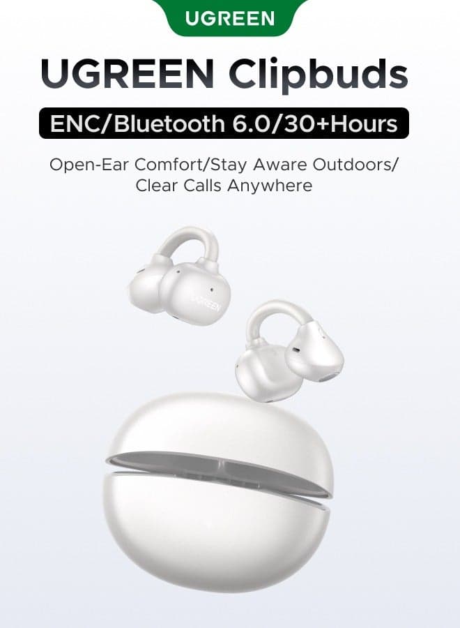 ClipBuds, Open-ear Wireless Headphones with 4 Mic Clear Call 12mm Diaphragm Earbuds Clip on Earphones Bluetooth 6.0, App&Touch Control, Lightweight, IPX5 for Fitness, 30H Playtime, iOS&Android white