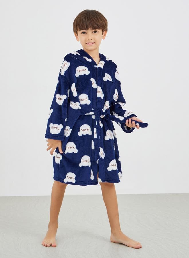Printed Hooded Tie-Up Bath Robe