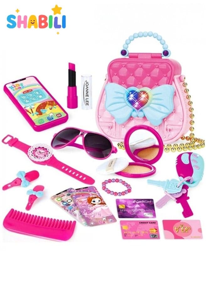 17PCS Pretend Makeup Toy Set for Girls – Simulation Beauty Handbag Kit with Phone, Lipstick, Mirror, Key, Cards, Sunglasses – Role Play Gift for Kids Aged 3+