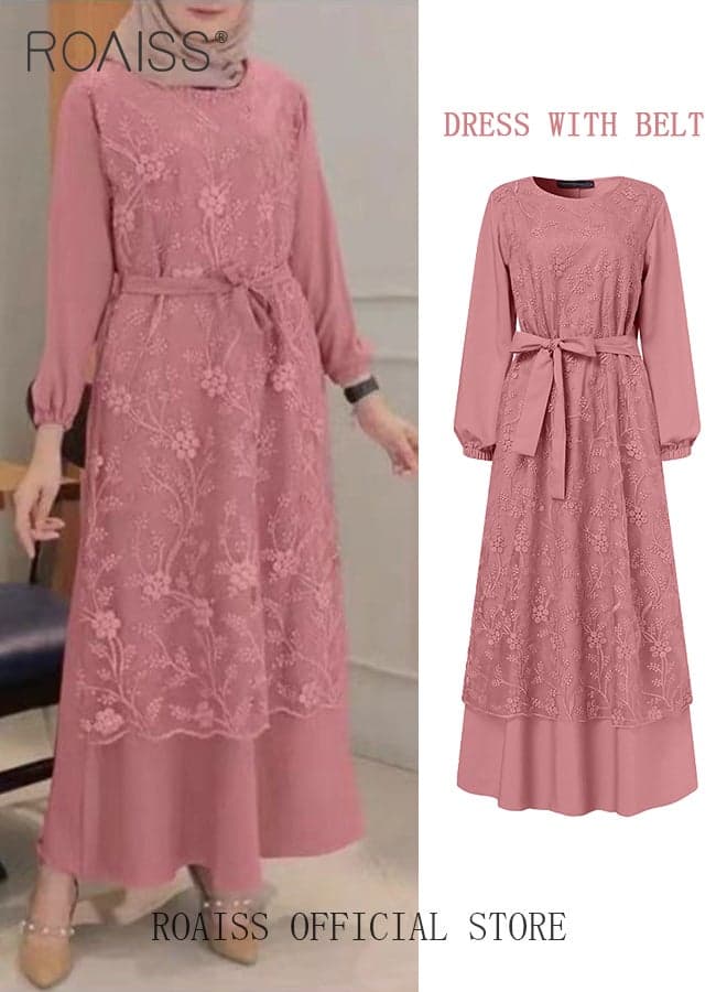 Women's Long Dress Round Neck Gown Lace Decoration Long Sleeve Waisted Loose Long Dress Pink