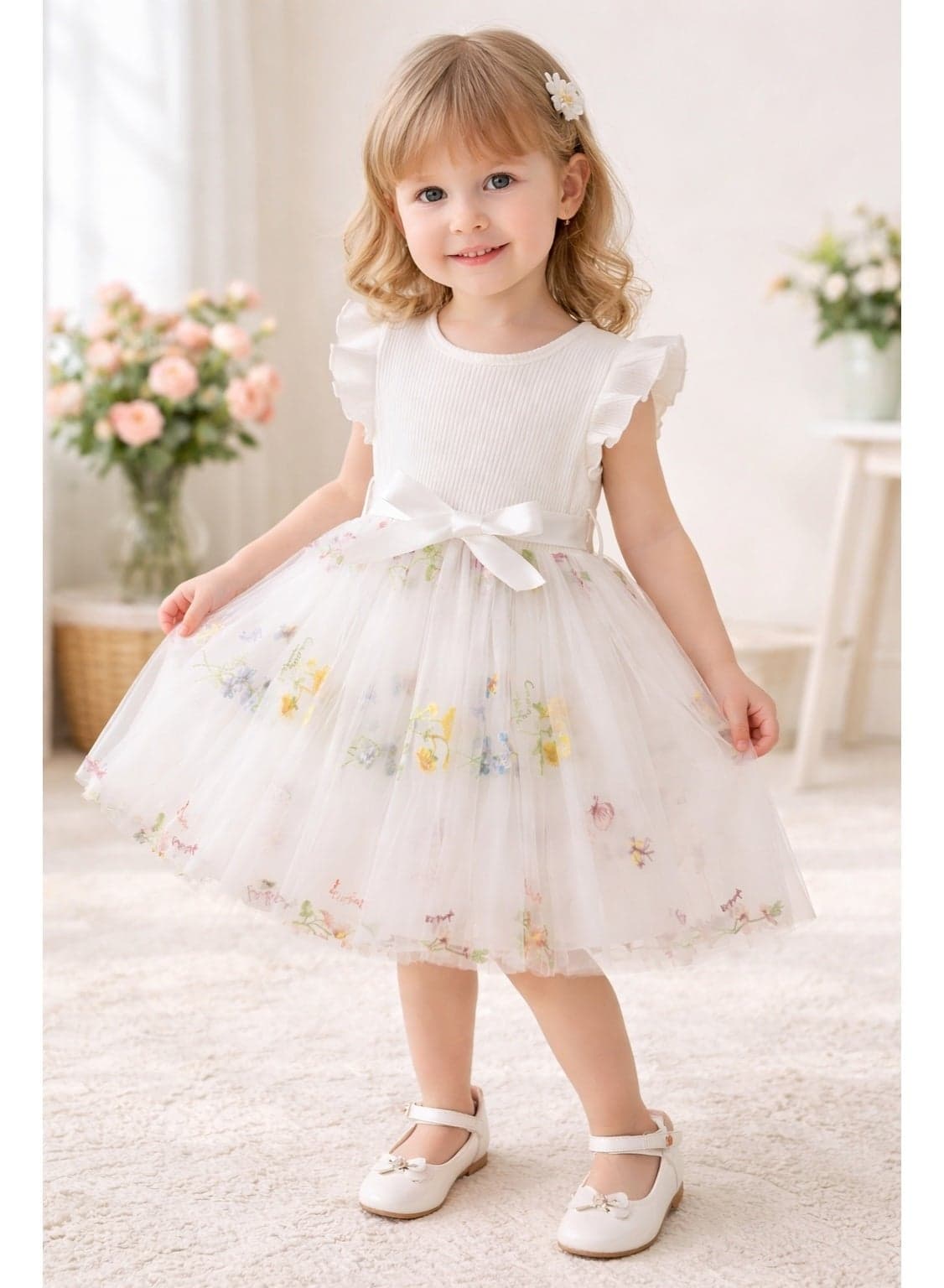 Girls Floral Embroidered Tulle Dress with Bow – Soft Knit Bodice Party Dress for Girls 2-3 Years, Elegant Princess Dress for Birthday, Wedding & Special Occasions